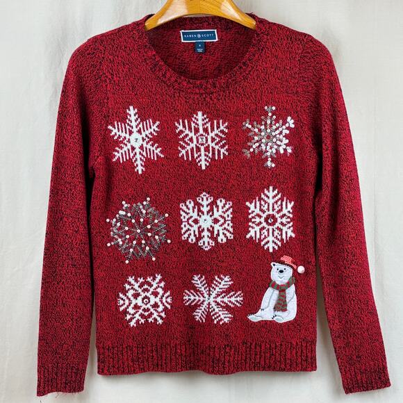 Karen Scott Polar Bear Snowflake Jacquard Red Holiday Sweater Women's Small - Picture 1 of 12